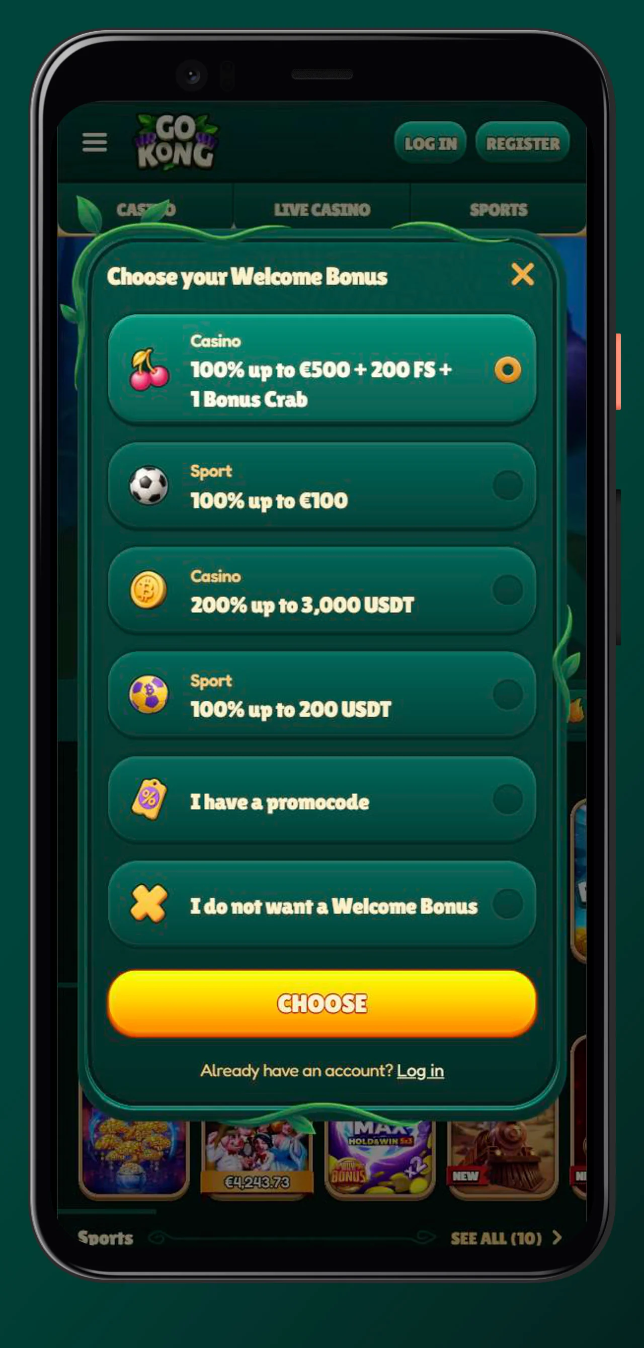 Choose your welcome offer, for casino, sports or crypto.